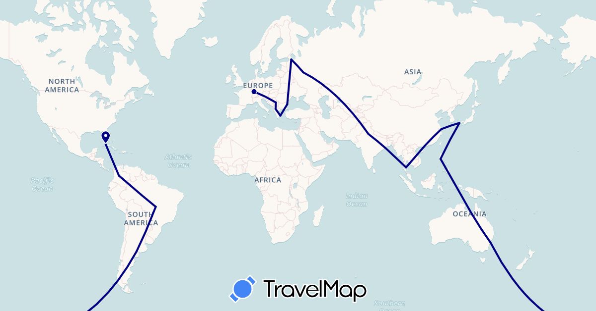 TravelMap itinerary: driving in Argentina, Australia, Bulgaria, Brazil, China, Colombia, Cuba, France, Greece, India, Japan, Macedonia, Philippines, Serbia, Russia, Thailand (Asia, Europe, North America, Oceania, South America)